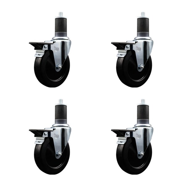 5'' Soft Rubber Swivel 1-5/8'' Expanding Stem Caster Set with Brake, 4PK